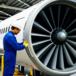 A professional aeronautical engineer, fully clothed in a clean, modest work jumpsuit, meticulously inspecting the intricate internal components of a powerful modern turbofan aircraft engine. The scene is set in a brightly lit, state-of-the-art engine maintenance hangar. The engine showcases its massive fan blades and detailed turbine section, with visible areas of advanced materials and components that appear to be 3D printed. The engineer is in a natural pose, demonstrating professional dedication. safe for work, appropriate content, fully clothed, professional dress, perfect anatomy, correct proportions, natural pose, well-formed hands, proper finger count, natural body proportions, modest clothing, family-friendly, professional photography, ultra-detailed, high resolution, industrial design, realistic rendering, sharp focus, clean aesthetic.