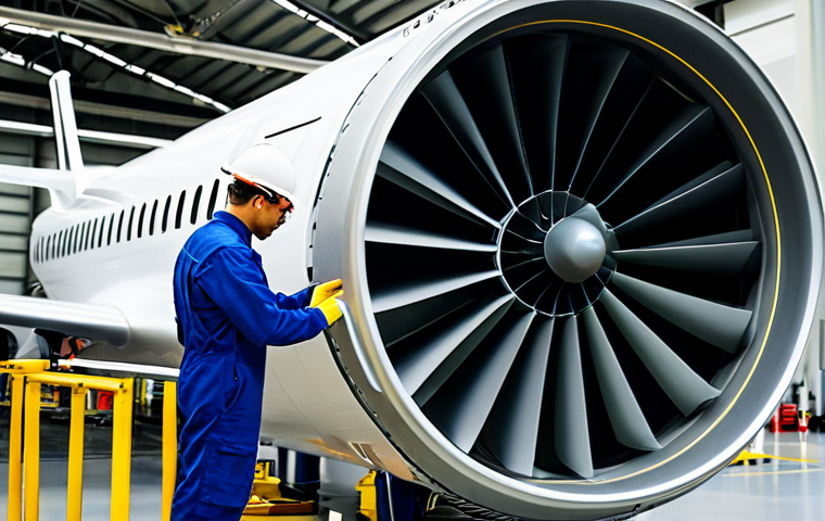 A professional aeronautical engineer, fully clothed in a clean, modest work jumpsuit, meticulously inspecting the intricate internal components of a powerful modern turbofan aircraft engine. The scene is set in a brightly lit, state-of-the-art engine maintenance hangar. The engine showcases its massive fan blades and detailed turbine section, with visible areas of advanced materials and components that appear to be 3D printed. The engineer is in a natural pose, demonstrating professional dedication. safe for work, appropriate content, fully clothed, professional dress, perfect anatomy, correct proportions, natural pose, well-formed hands, proper finger count, natural body proportions, modest clothing, family-friendly, professional photography, ultra-detailed, high resolution, industrial design, realistic rendering, sharp focus, clean aesthetic.