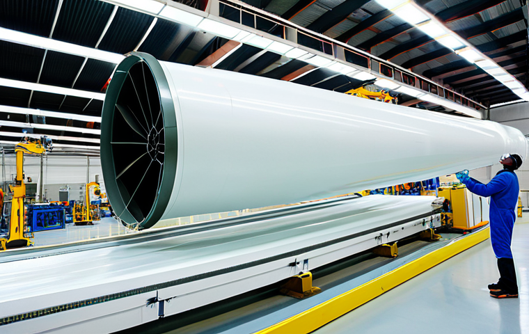 Wind Turbine Blade Manufacturing**

"A brightly lit, modern factory floor. Engineers in cleanroom suits are carefully layering fiberglass composite material onto a giant wind turbine blade mold. Robotic arms assist in the process. In the background, finished blades gleam under inspection lights. Focus on precision and advanced technology. 'Sustainable energy future' concept. high quality, professional, detailed, photorealistic."

**