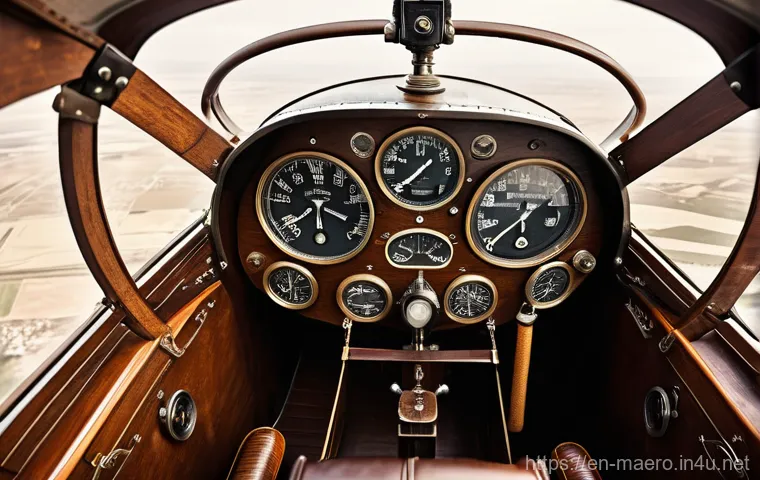 비행 제어 알고리즘 - The Mechanical Era Cockpit**
A sepia-toned, high-resolution image depicting the intricate cockpit of...