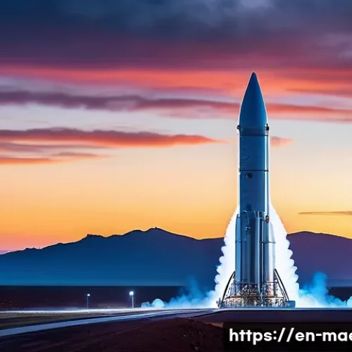 Home 17 우주탐사 기술 - A futuristic reusable rocket engine launching from a modern spaceport at dusk, showcasing sleek meta...