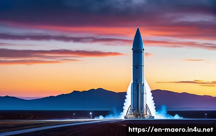 우주탐사 기술 - A futuristic reusable rocket engine launching from a modern spaceport at dusk, showcasing sleek meta...