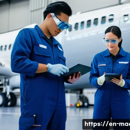 항공기 정비사 자격증 - A detailed, realistic scene inside a modern aircraft hangar featuring a diverse group of aircraft ma...