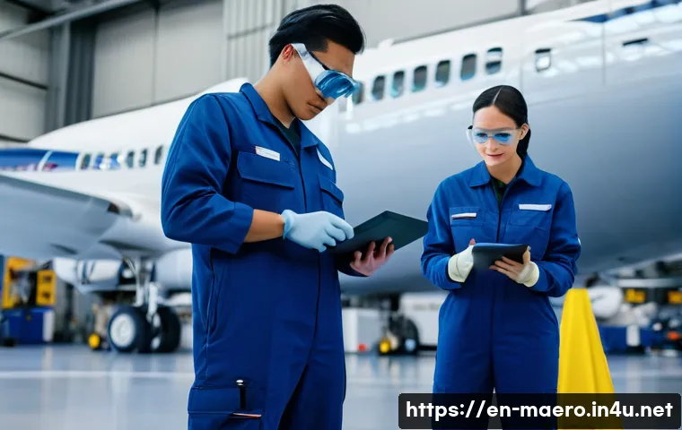 항공기 정비사 자격증 - A detailed, realistic scene inside a modern aircraft hangar featuring a diverse group of aircraft ma...