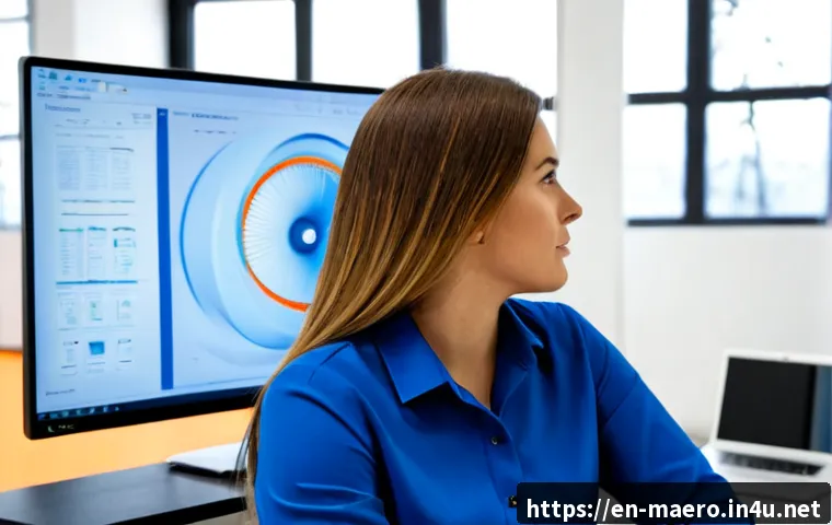 공기흐름 시뮬레이션 - Photorealistic modern engineering office, a female HVAC engineer studying a large desktop monitor di...