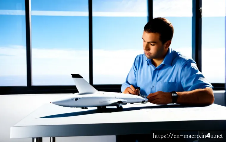 항공기 설계 연구 - Photorealistic aerospace engineer studying a sleek commercial aircraft scale model in a bright moder...